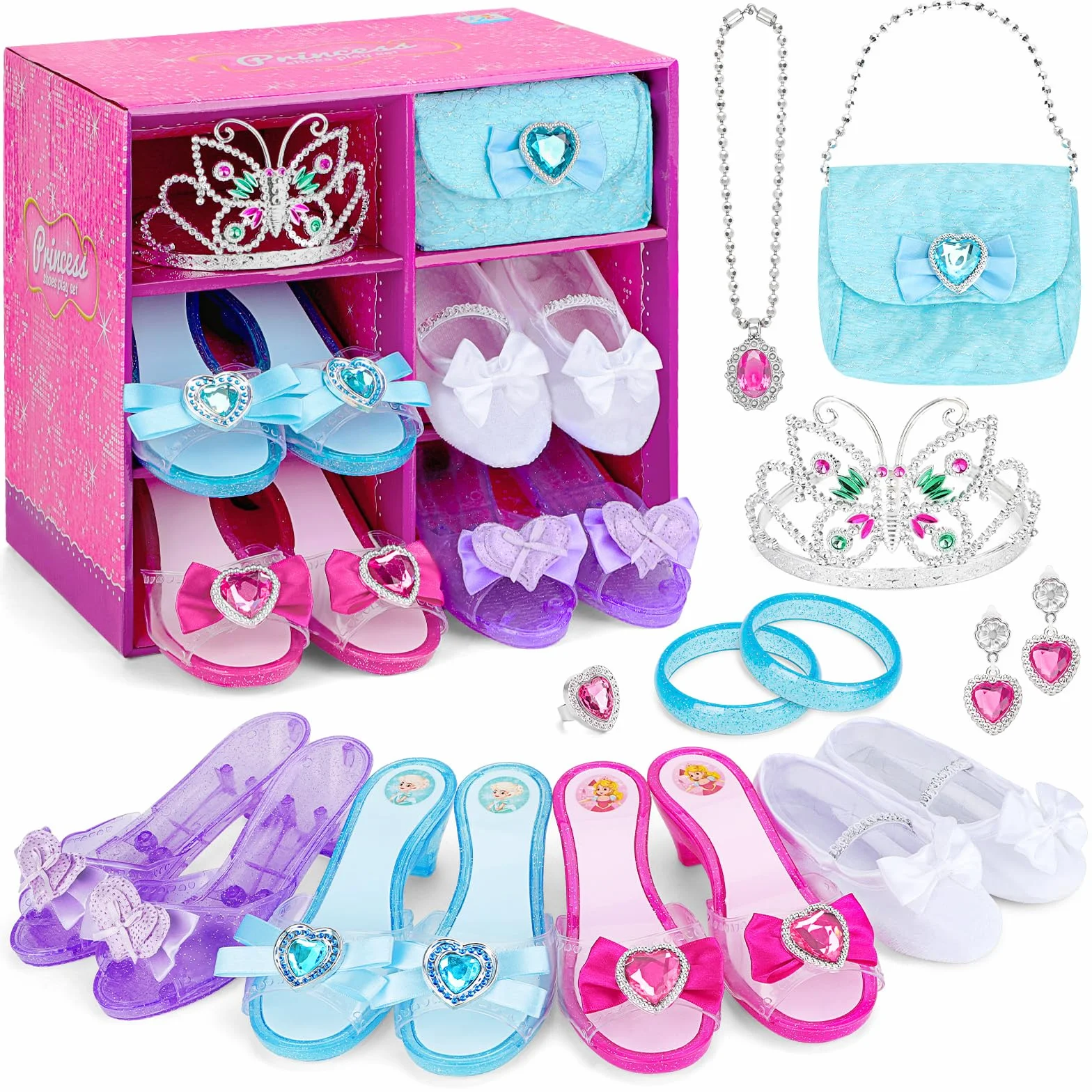 deAO Princess Schuh Spielzeug- und Schmuckboutique mit 4 Paar Schuhen, Armbändern, Halskette, Tasche, Ohrringen und Krone Mädchen-Tiara inklusive Kinder Schminkset Prinzessin Schuhe Mädchen