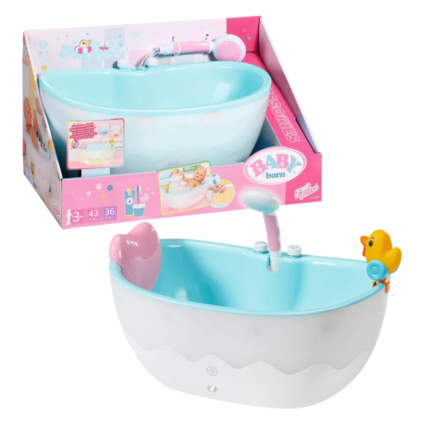 BABY Born Badewanne mit Farbwechsel - Dusch-& Soundfunktion - Hochwertiges Zubehör für Puppen der Größe 36 & 43 cm - Funktioniert auch mit echtem Wasser