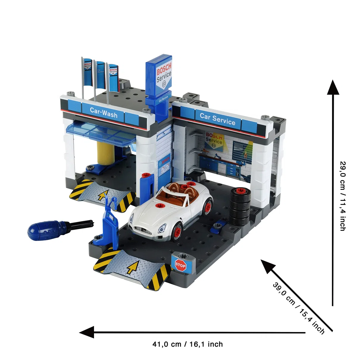 Theo Klein 8647 Bosch Car Service Station | Mit Waschanlage und höhenverstellbarer Hebebühne | Inklusive demontierbarem Auto | Maße: 41 cm 39 cm 29 cm | Spielzeug für Kinder ab 3 Jahren
