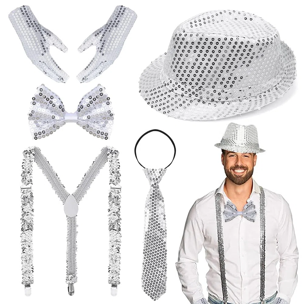 TUIBEIDAMAI Glitzer Outfit Herren,Glitzer Kostüm Accessoires Herre,mit Pailletten Hosenträger, Fliege, krawatte,Handschuhe,Pailletten Kostüm für Fasching Party Dance Performance