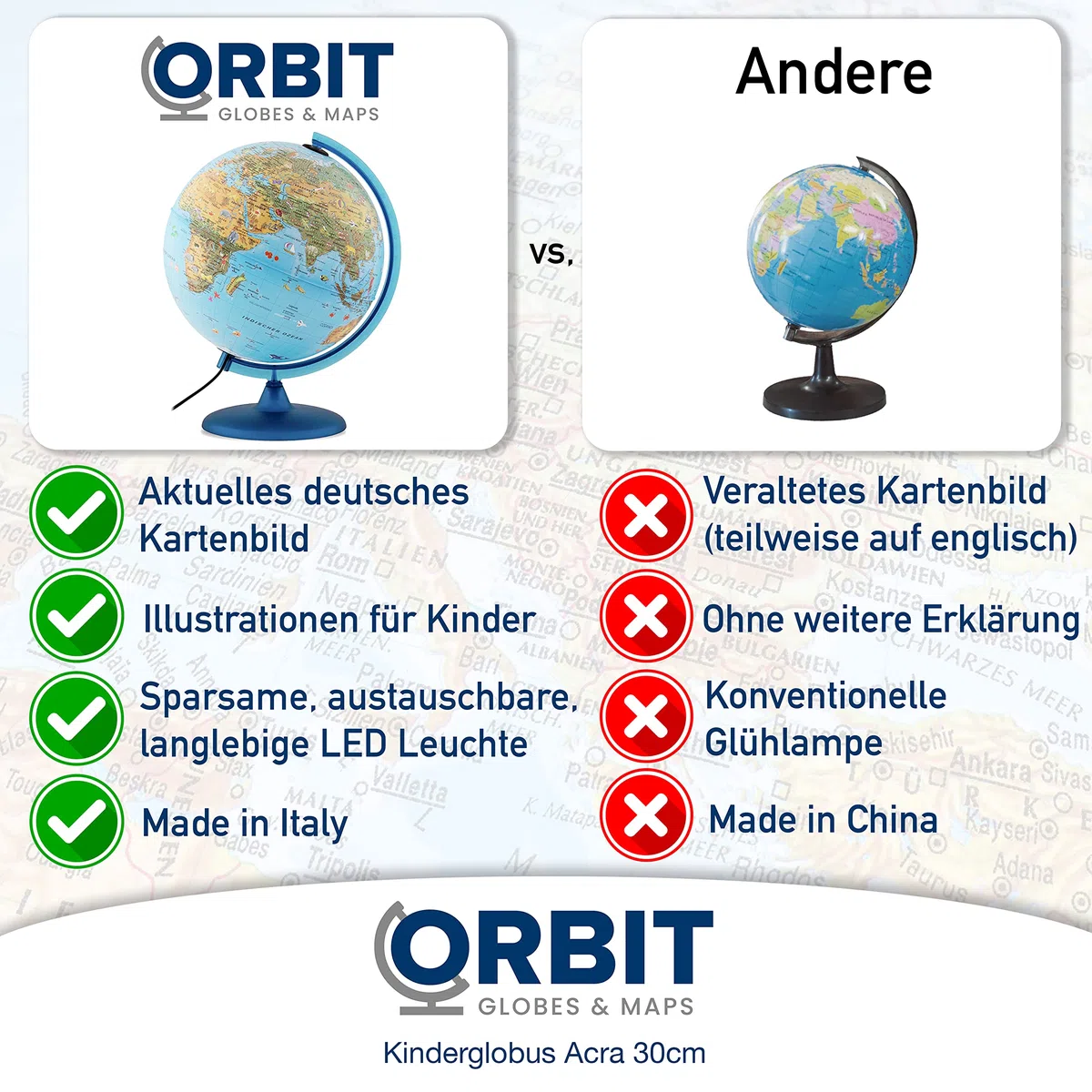 ORBIT GLOBES & MAPS Kinderleuchtglobus 30cm mit Tieren, Kunststoff Fuß, deutsch mit stabilem Hartplastikfuß, deutsches Kartenbild mit vielen Abbildungen für Kinder mit LED Leuchte
