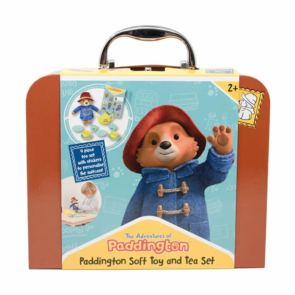 Rainbow Designs Paddington Bärenspielzeug Teeset, 9-teiliges Kinder-Teeset mit Teekanne, Tassen, Untertassen und Zuckerdose, mit kuscheligem Plüschtier, wiederverwendbarem Koffer & Stickerbogen