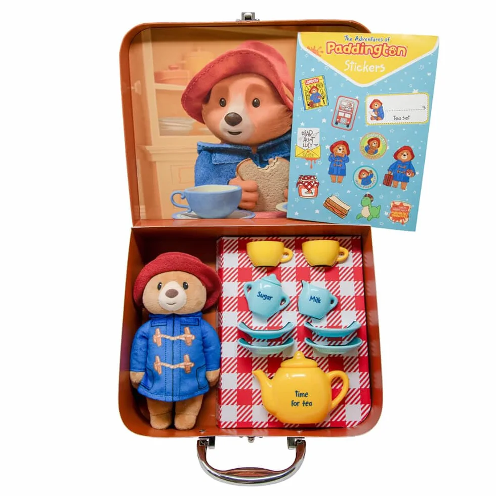 Rainbow Designs Paddington Bärenspielzeug Teeset, 9-teiliges Kinder-Teeset mit Teekanne, Tassen, Untertassen und Zuckerdose, mit kuscheligem Plüschtier, wiederverwendbarem Koffer & Stickerbogen