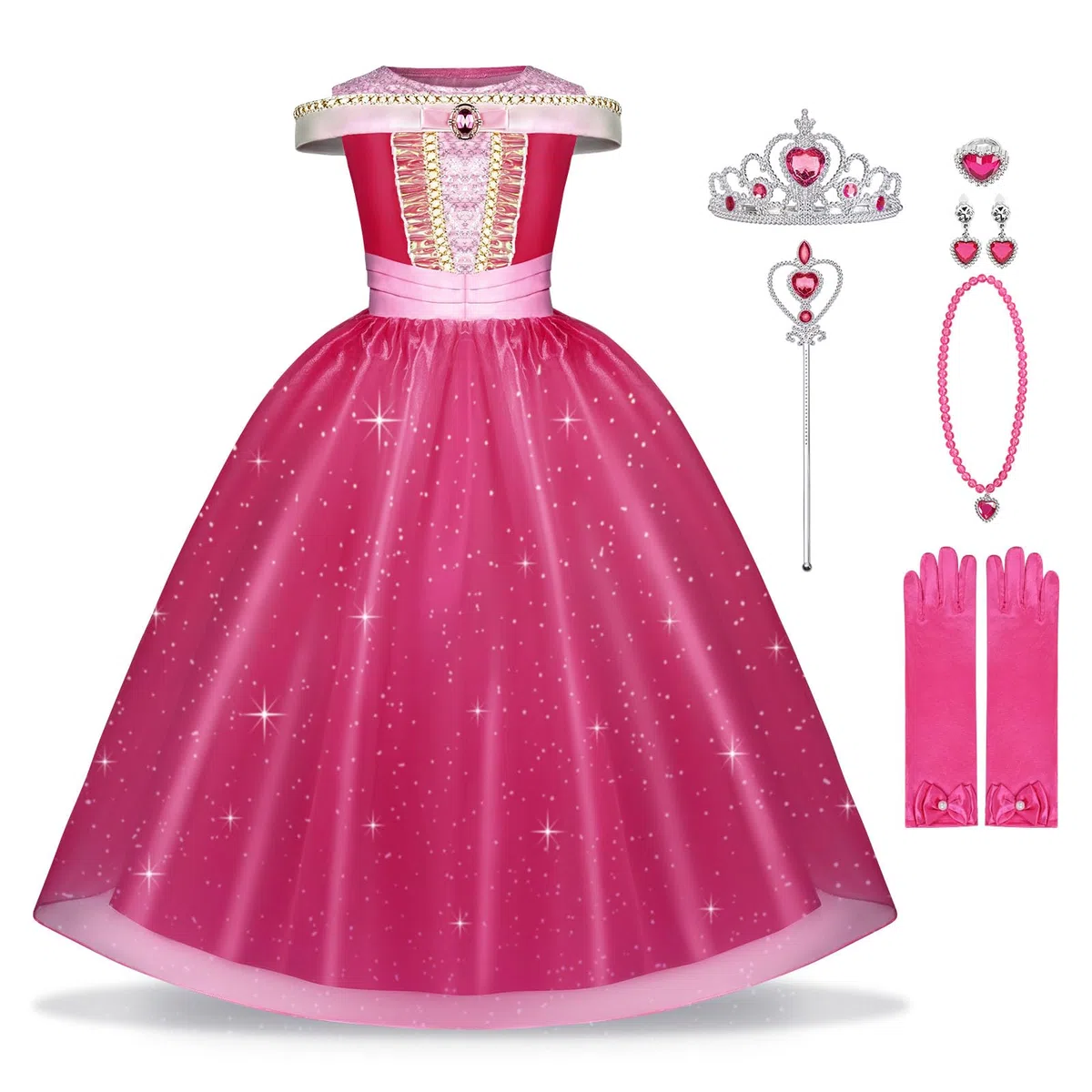 Kostüm Kinder Dornröschen Mädchen 7Pcs Prinzessinnenkleid Kinder mit Krone Schmuck Handschuhe Zauberstab Halskette und Ringe Princess Costume für Verkleidung Karneval Halloween Geburtstag