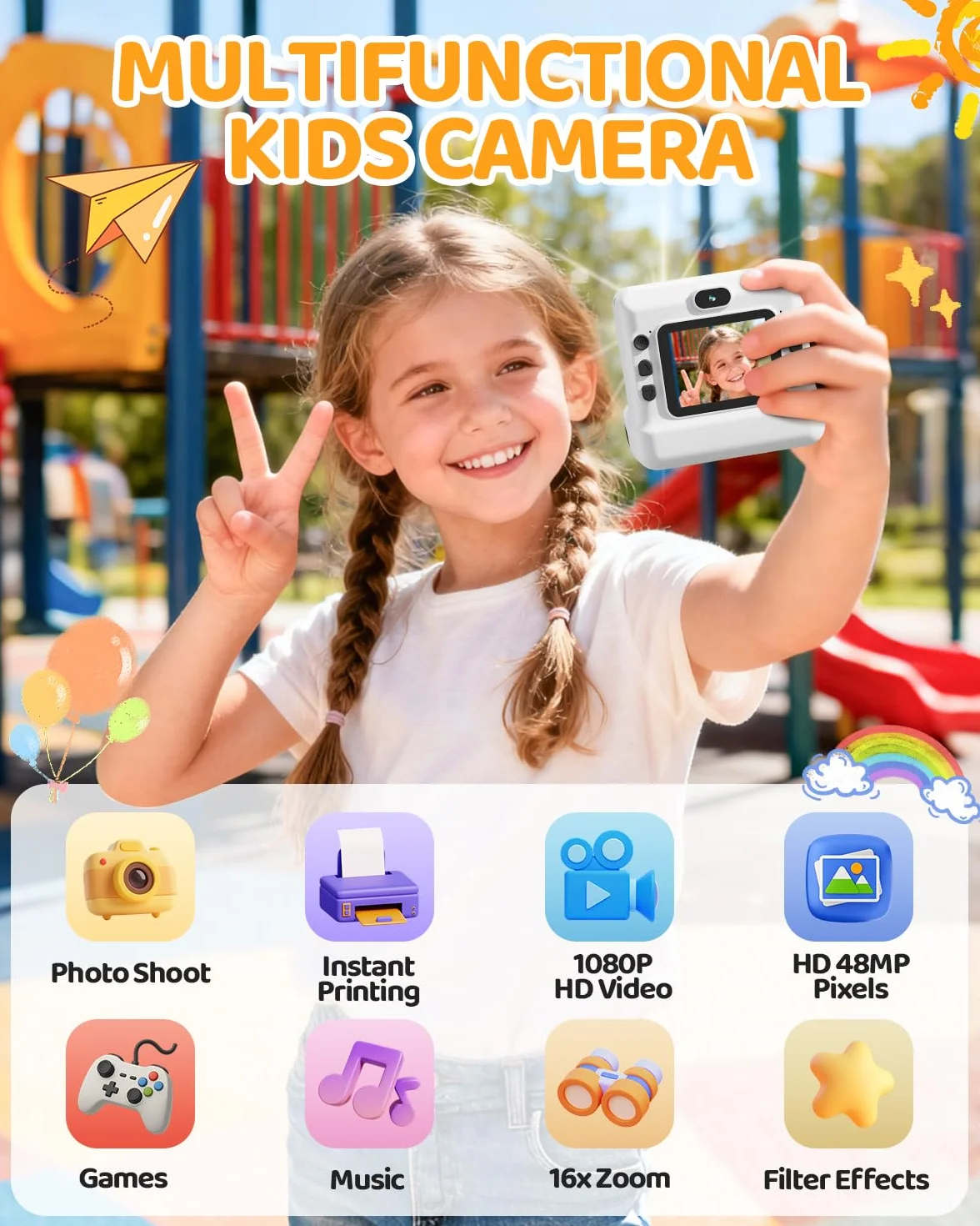 CalineGam Kinderkamera Sofortbildkamera, 1080P HD Sofortbildkamera Kinder mit 32 GB Karte und 3 Papierrollen, Kinderspielzeug mit Zwei Objektiven, Geschenke für Jungen & Mädchen von 3-12 Jahren