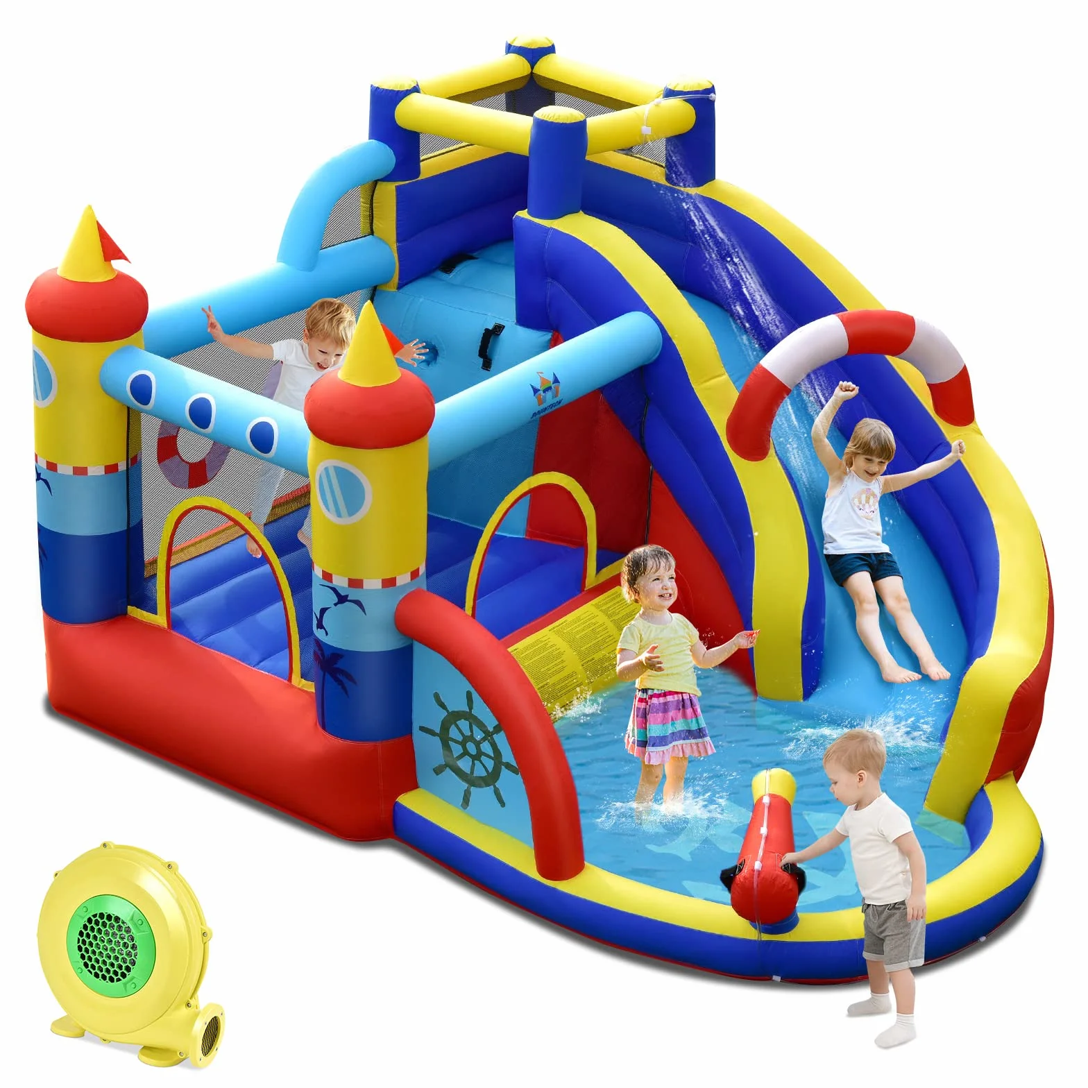 COSTWAY Aufblasbare Hüpfburg mit 550W Gebläse, 6-in-1 Wasserpark mit Rutsche, Planschbecken & Wasserkanone, Outdoor Bouncer Hüpfschloss Springburg für Kinder, Garten, 360 x 290 x 200 cm
