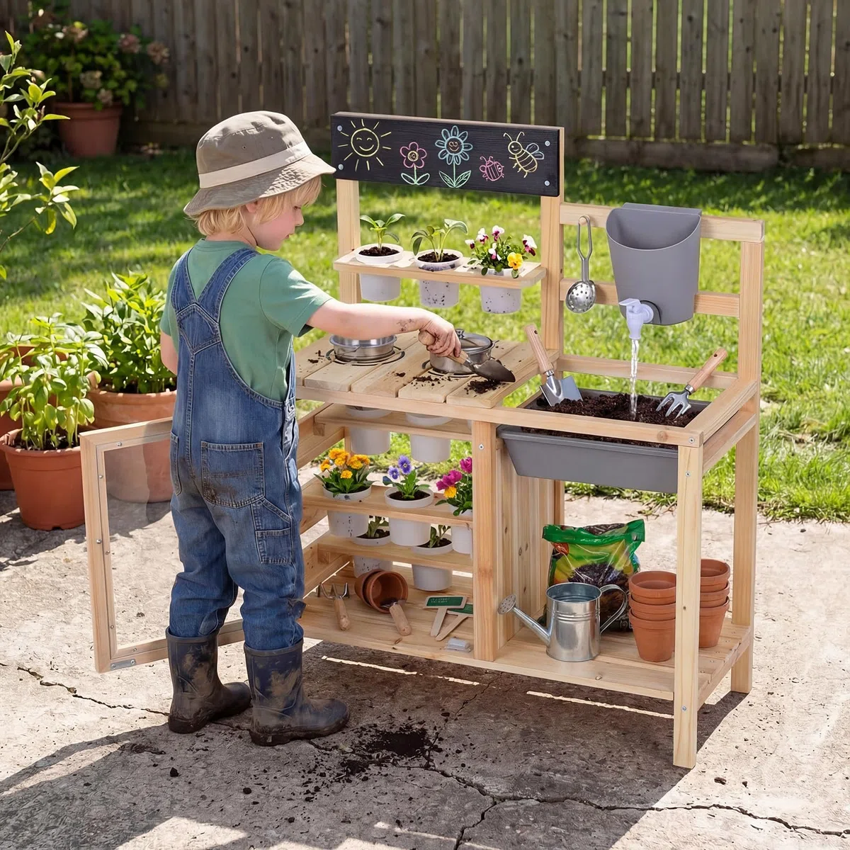 COSTWAY Matschküche Kinder, Outdoor Spielküche mit Herd, Spüle, Wassertank, Pflanztöpfen und Kreidetafel, Holz Gartenspielzeug, Kinderküche für Jungen und Mädchen ab 3 Jahren