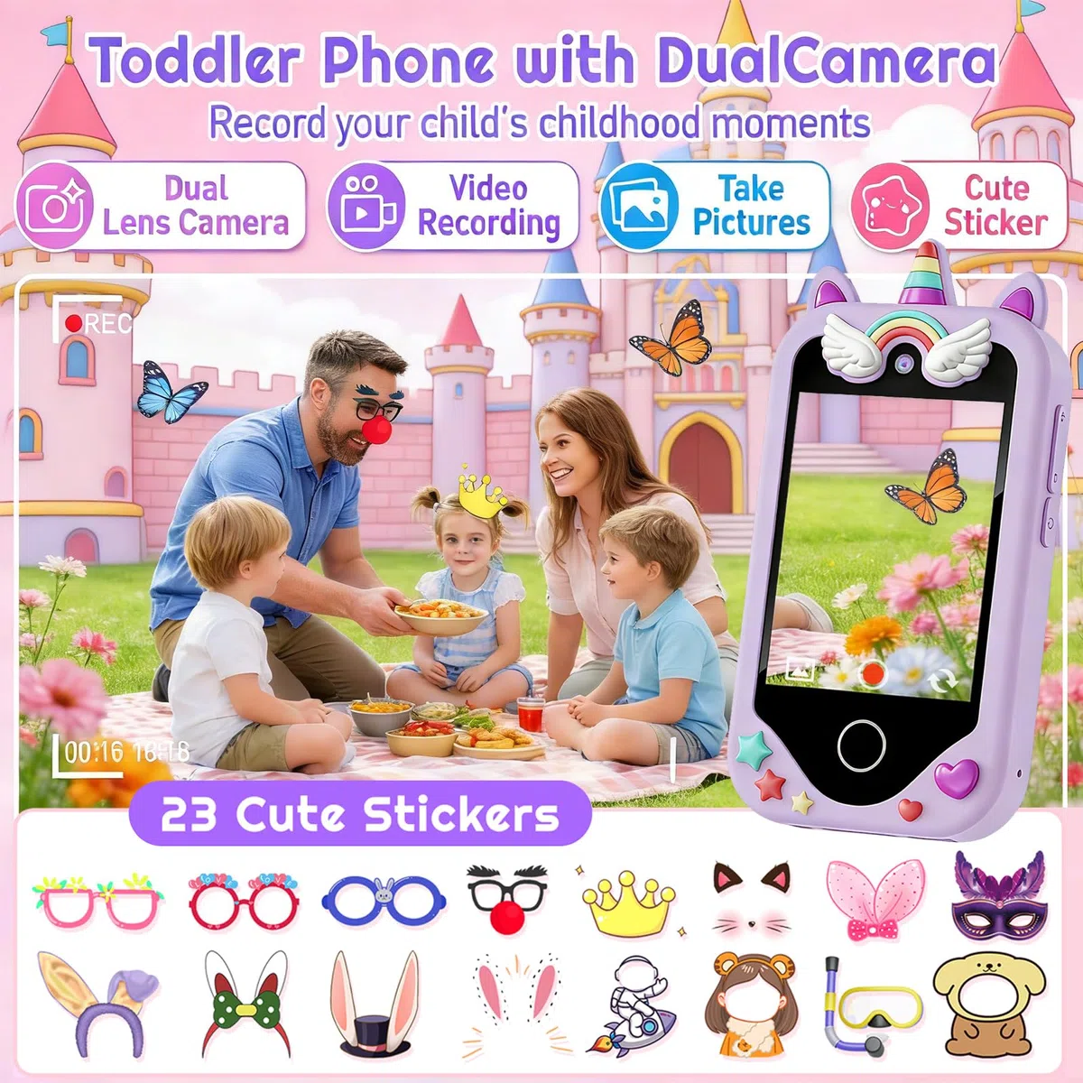 Kinder Smartphone für Mädchen, Kinder Telefon Spielzeug mit Touchscreen, Kinder Weihnachtsgeburtstagsgeschenk für Alter 3-8 Jahre alt, Dual-Kameras, Lernen, Musik-Player, Spiele, Lila
