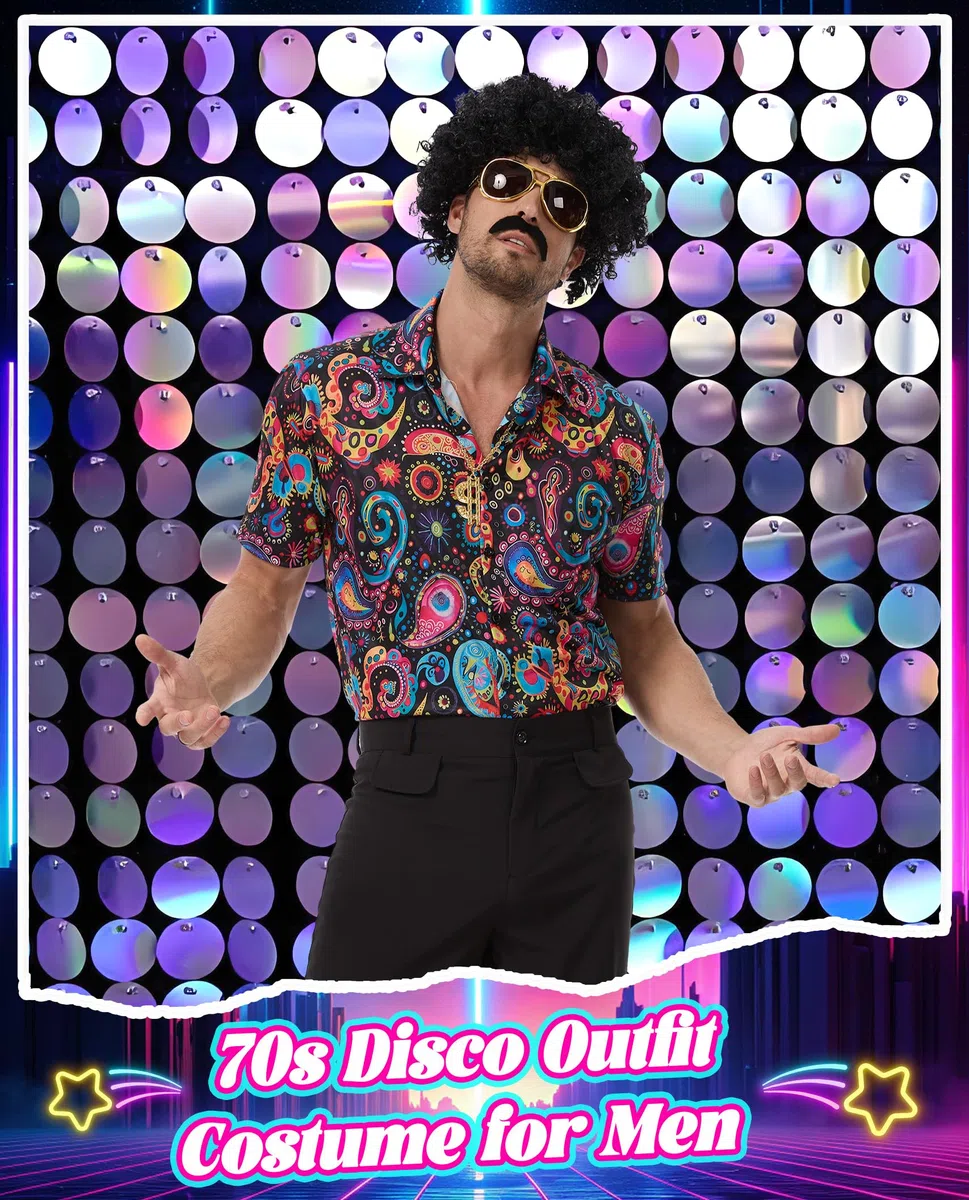 70er Jahre Disco Kostüm Set Herren - Komplettes 70s Outfit mit Pailletten Hemd, Schlaghose, Afro Perücke, Sonnenbrille, Dollar Kette & Zubehör für Karneval Halloween Mottoparty
