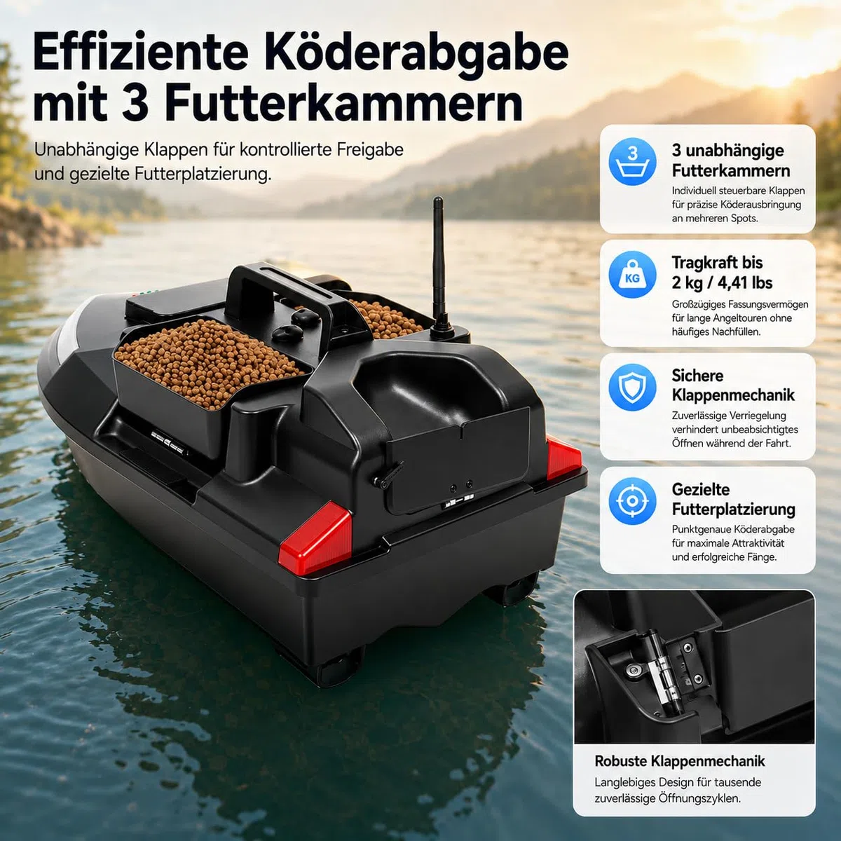 500M RC Köderboot ABS Angelköder Boot Fernbedienung Futterboot mit GPS 3 Köderboxen Fischköder Boot Angeln Futterboot mit Suchscheinwerfer & 12000mAh Batterie (Schwarz)