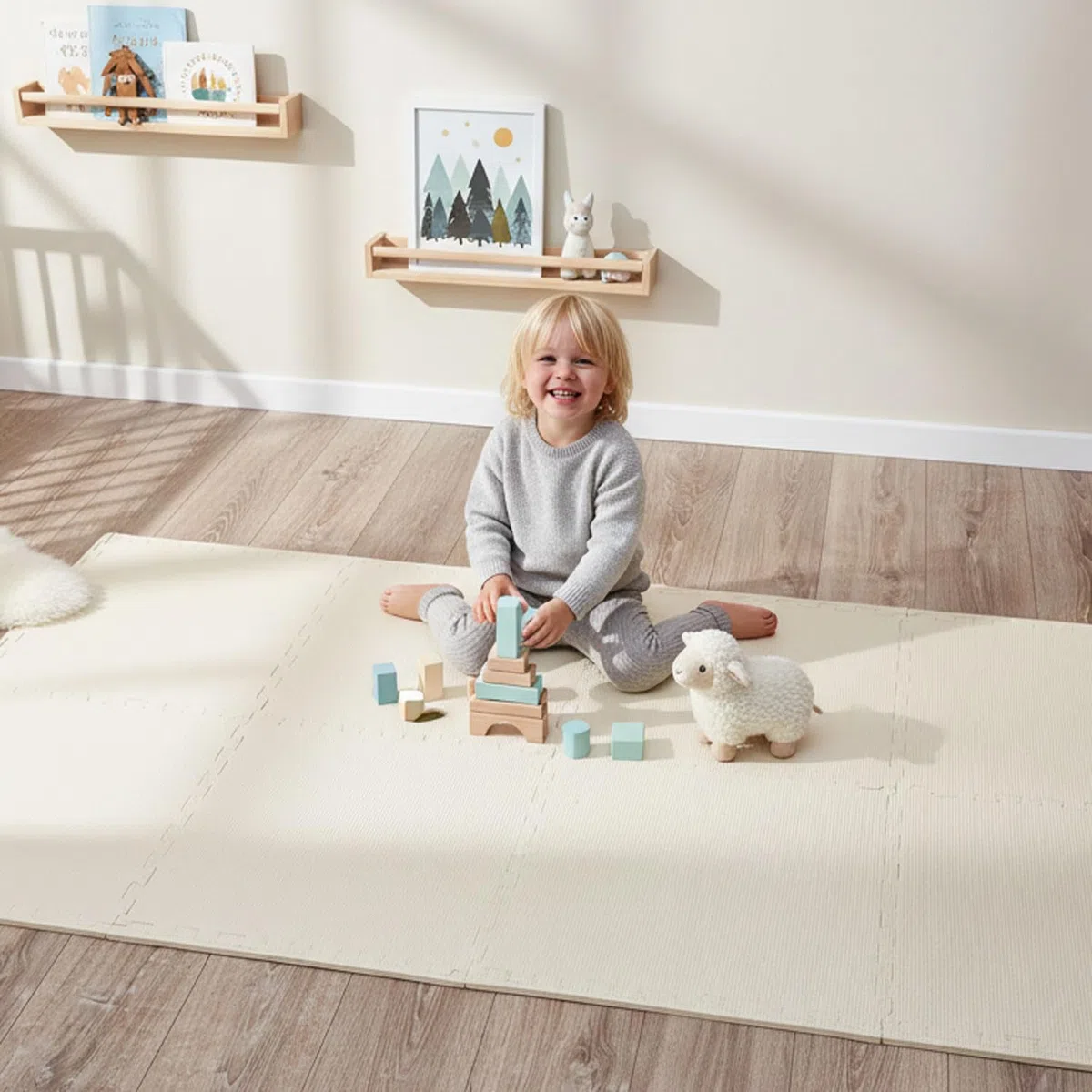 LittleTom Spielmatte Baby Puzzlematte Beige - 8 Teile je 50 x 50 cm - Krabbelmatte 200x100 cm Bodenmatte Kinder - Puzzle Teppich Kinderzimmer Matte - Bodenschutzmatte Spielteppich - Eva Schaumstoff