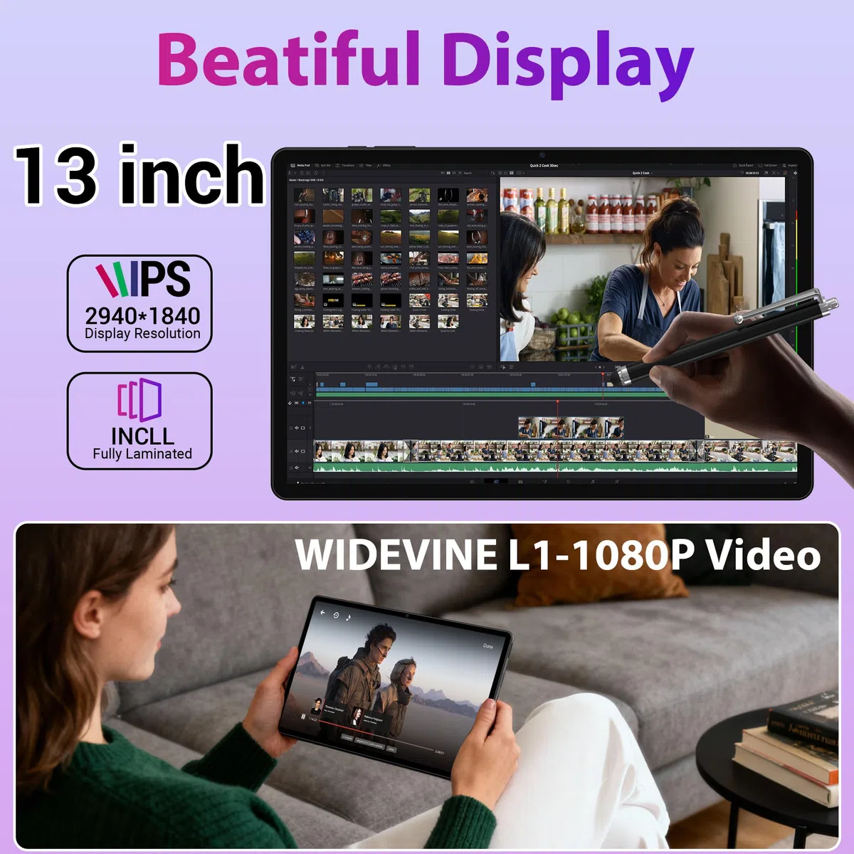 3K 13 Zoll Android 15 Tablet, 36GB RAM, 512GB ROM (erweiterbar auf 2TB), 4G LTE丨5G WLAN, 2940 x 1840, 11580mAh, Octa-Core, 13MP+8MP, Tablet mit Tastatur丨GPS丨Bluetooth丨4 Lautsprechern(Schwarz)