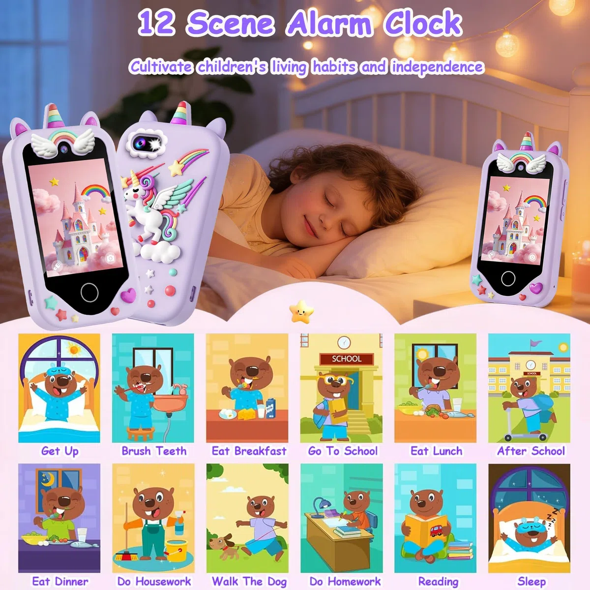 Kinder Smartphone für Mädchen, Kinder Telefon Spielzeug mit Touchscreen, Kinder Weihnachtsgeburtstagsgeschenk für Alter 3-8 Jahre alt, Dual-Kameras, Lernen, Musik-Player, Spiele, Lila