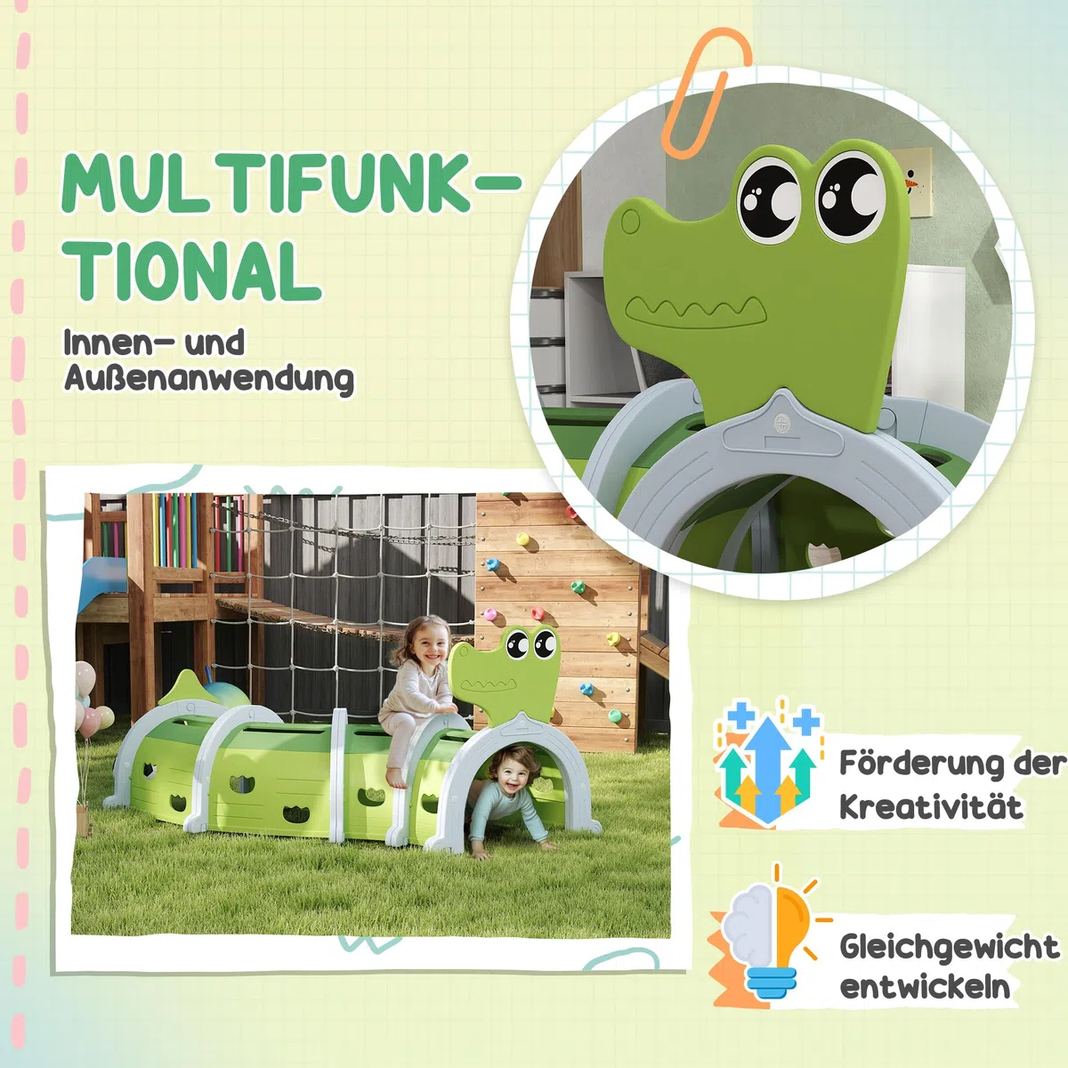 AIYAPLAY Spieltunnel 194 cm Kinder Tunnel aus HDPE Krabbeltunnel in Cartoon-Krokodil Kriechtunnel für Kinder 3-6 Jahre, Grün