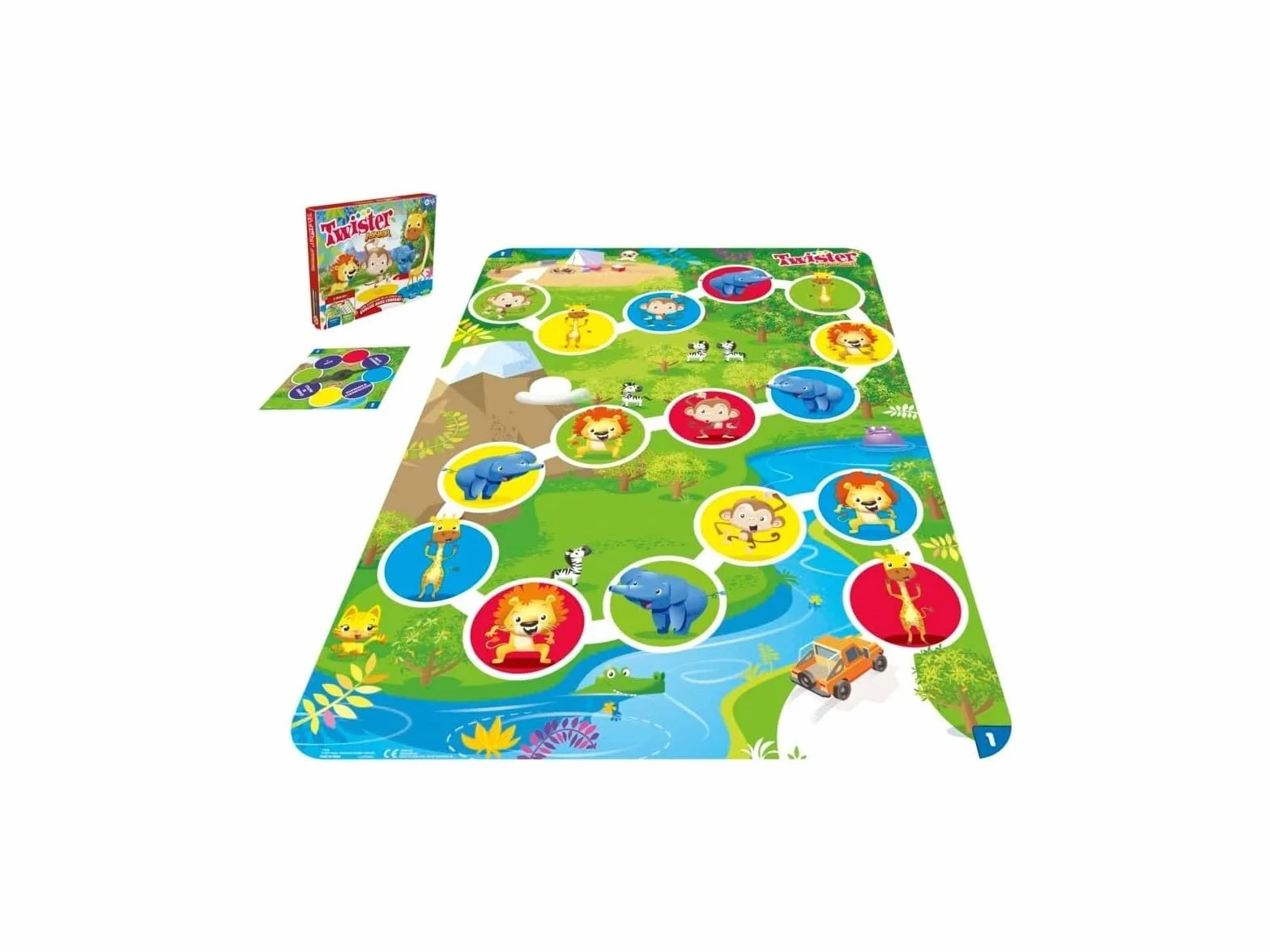 Junior Twister Spiel - Abenteuer mit Tieren - 2 Seiten Matte - 2 Spiele in 1 - Partyspiel - 2 bis 4 Spieler Indoor Spiel - Spanische Version