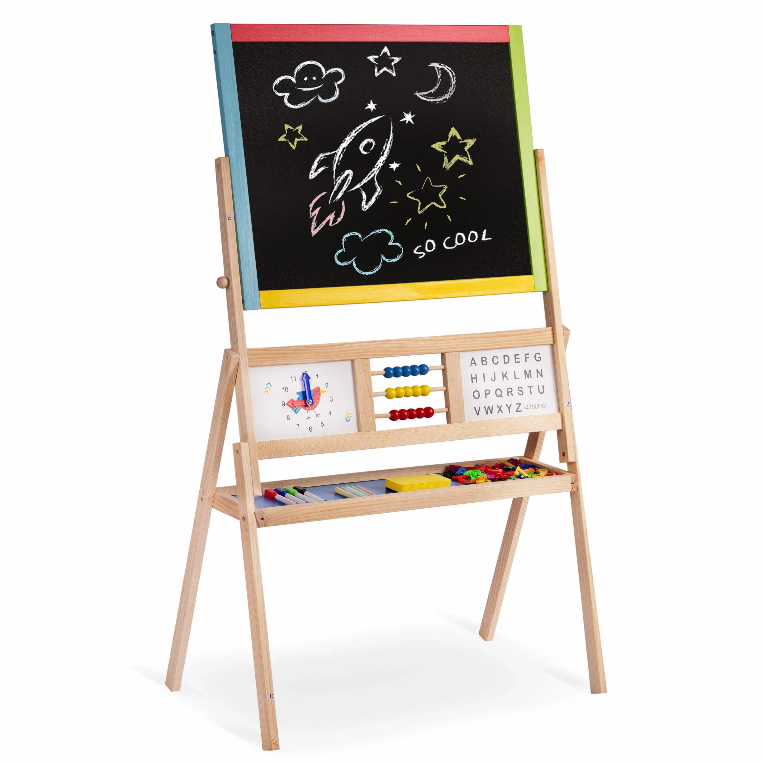 Spiel-Tafel für Kinder magnetisches Whiteboard Uhr Abakus und Kreidetafel Maltafel Kindertafel Staffelei aus Holz Ricokids