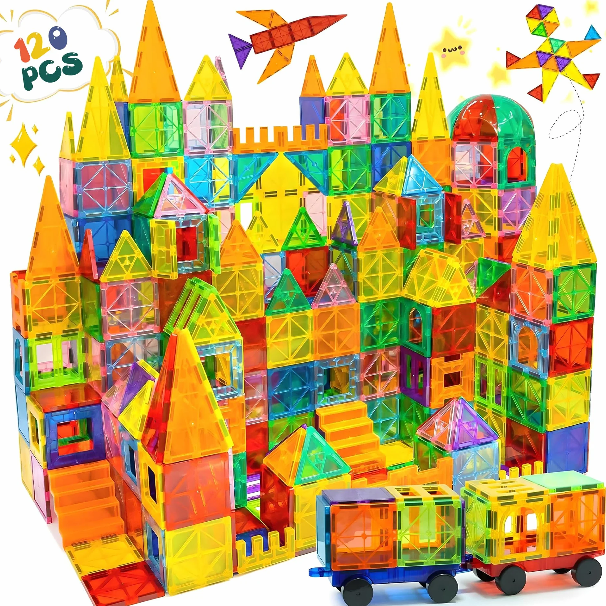 Olvy Magnetische Bausteine Montessori Spielzeug - 120 Magnetic Tiles Kinder - Magnetisches Konstruktionsspielzeug Ab 3 Jahre - Smart Playground Magnetbausteine, Magnetset Kinder (120 Magnetic Tiles)