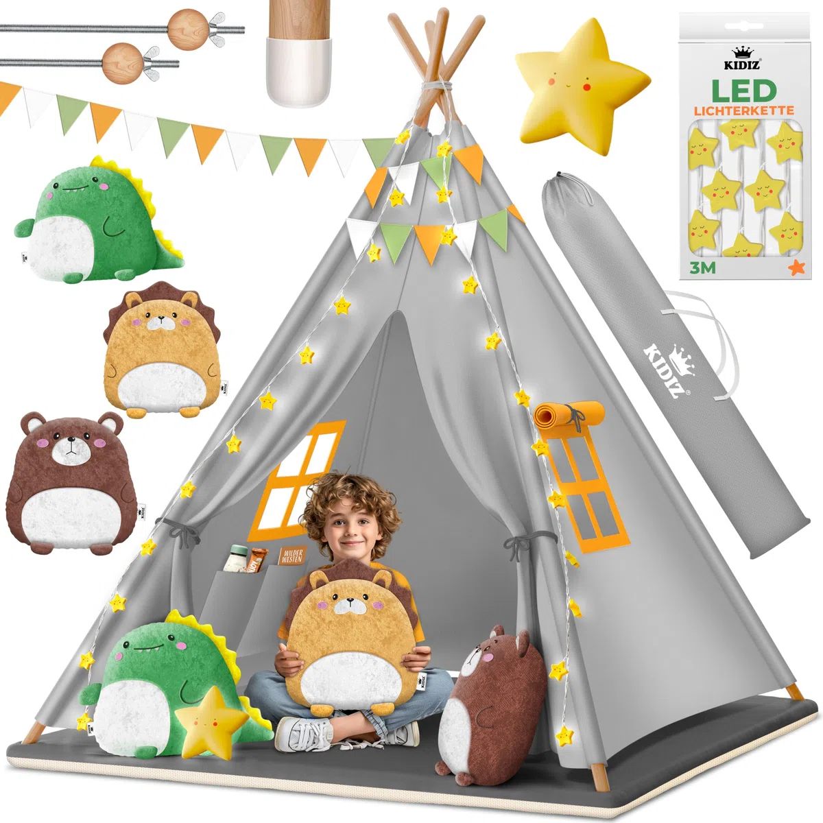KIDIZ® Tipi Zelt für Kinder Spielzelt 100x100x160cm Kinderzelt aus Baumwolle mit LED-Lichterkette, Leuchtstern, Fahnengirlande, 3 Plüschtiere, Untermatte & Tragetasche Spielhaus für drinnen & draußen