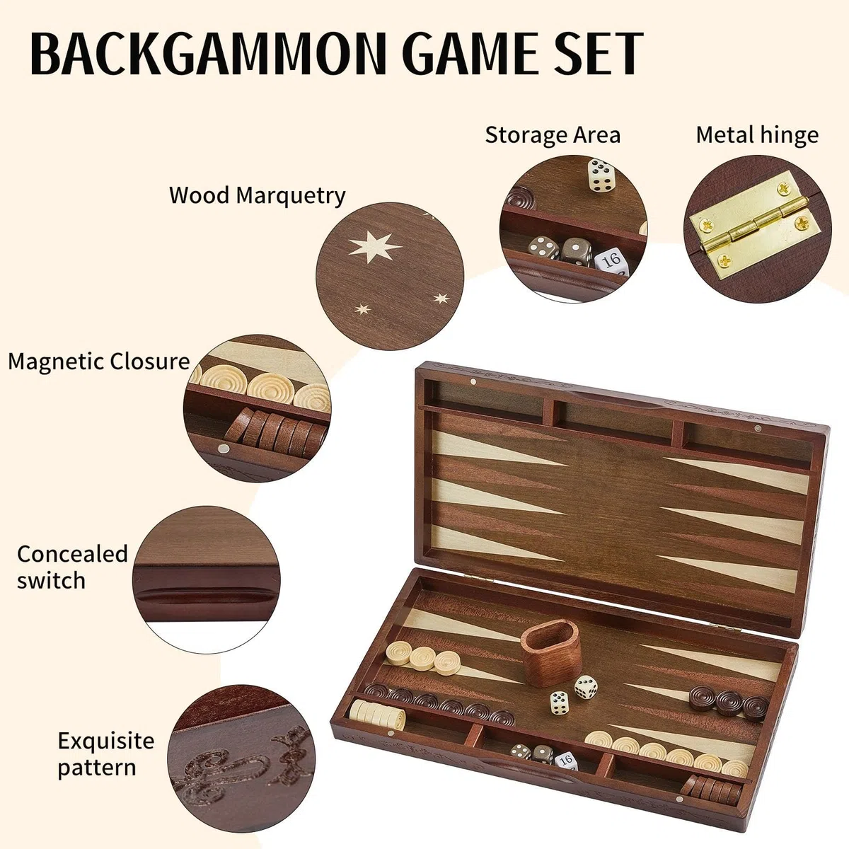 Backgammon Set für Erwachsene Großes 40cm Spielbrett aus Holz Kompakt klappbar & perfekt für Reise Inkl Würfel Klassisches Brettspiel für Zuhause