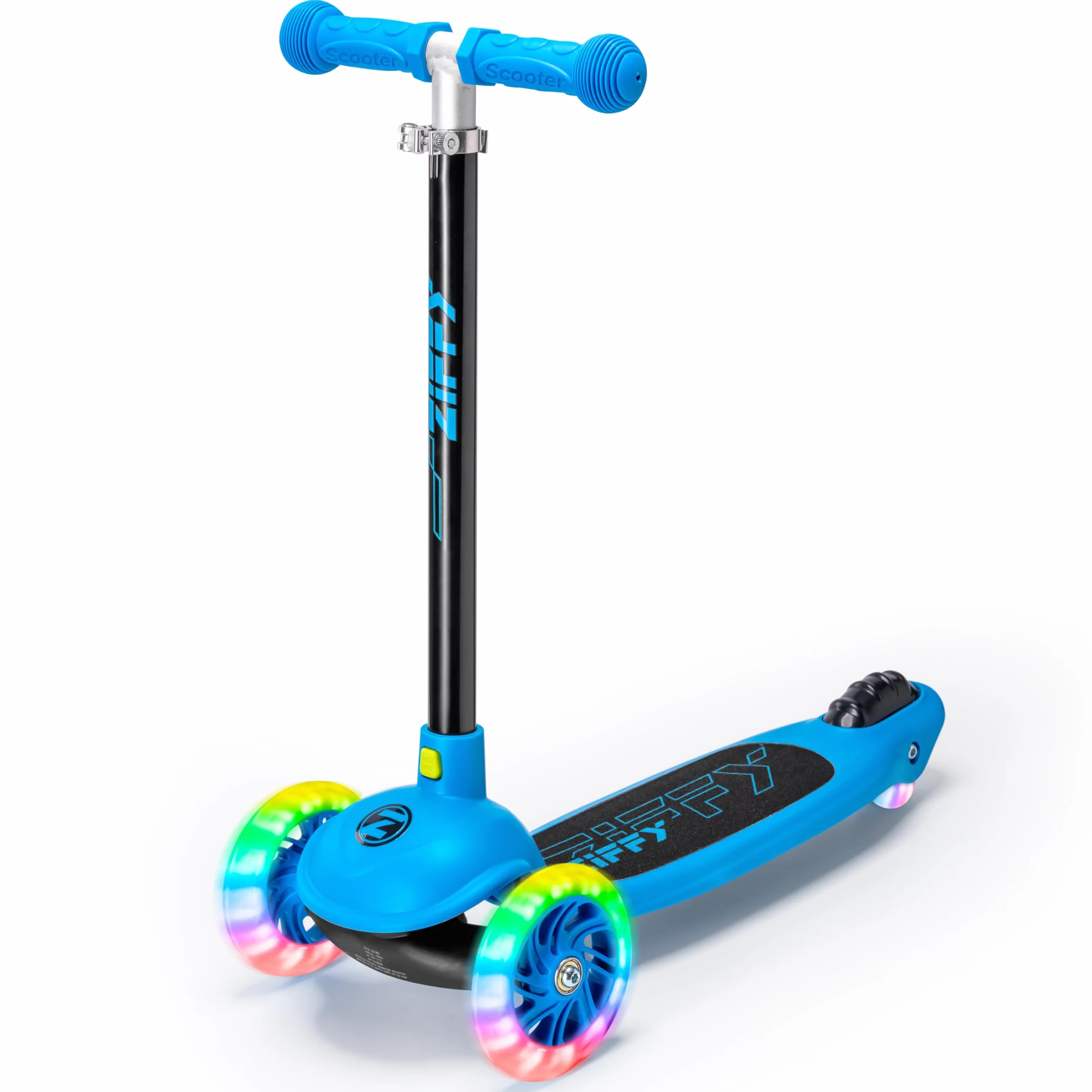 ZIFFY 3-Rad-Kinderroller 3–5 Jahre – Blau/Grün/Pink/Violett – LED-Leuchträder, Neigelenkung, Hinterradbremse – Höhenverstellbarer Lenker 44–61 cm – 1,8 kg, schnell zerlegbar