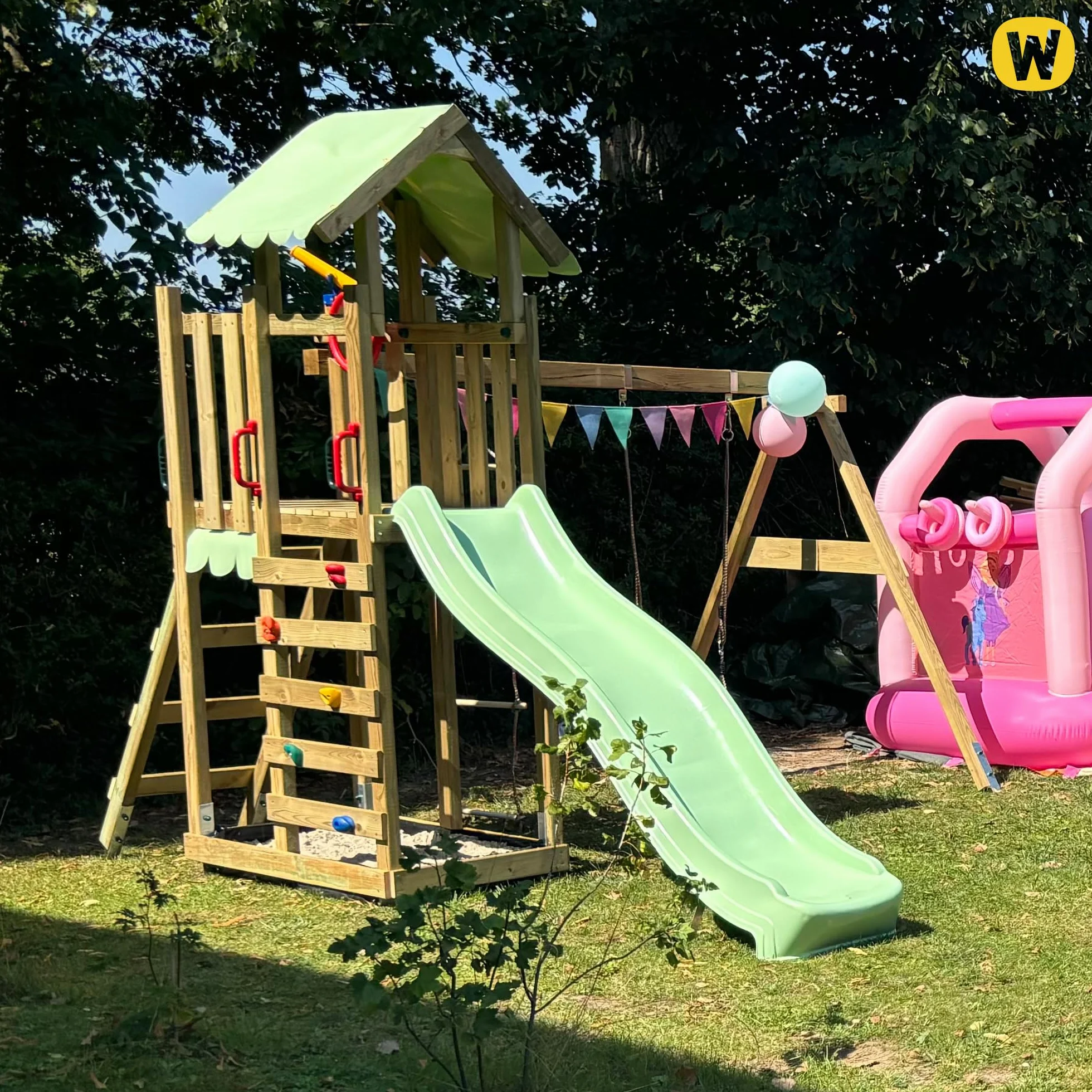 Wickey Spielturm Klettergerüst MultiFlyer Light, Schaukel & anthraziter Rutsche, Outdoor Kinder Kletterturm mit Sandkasten, Leiter & Spiel-Zubehör für den Garten