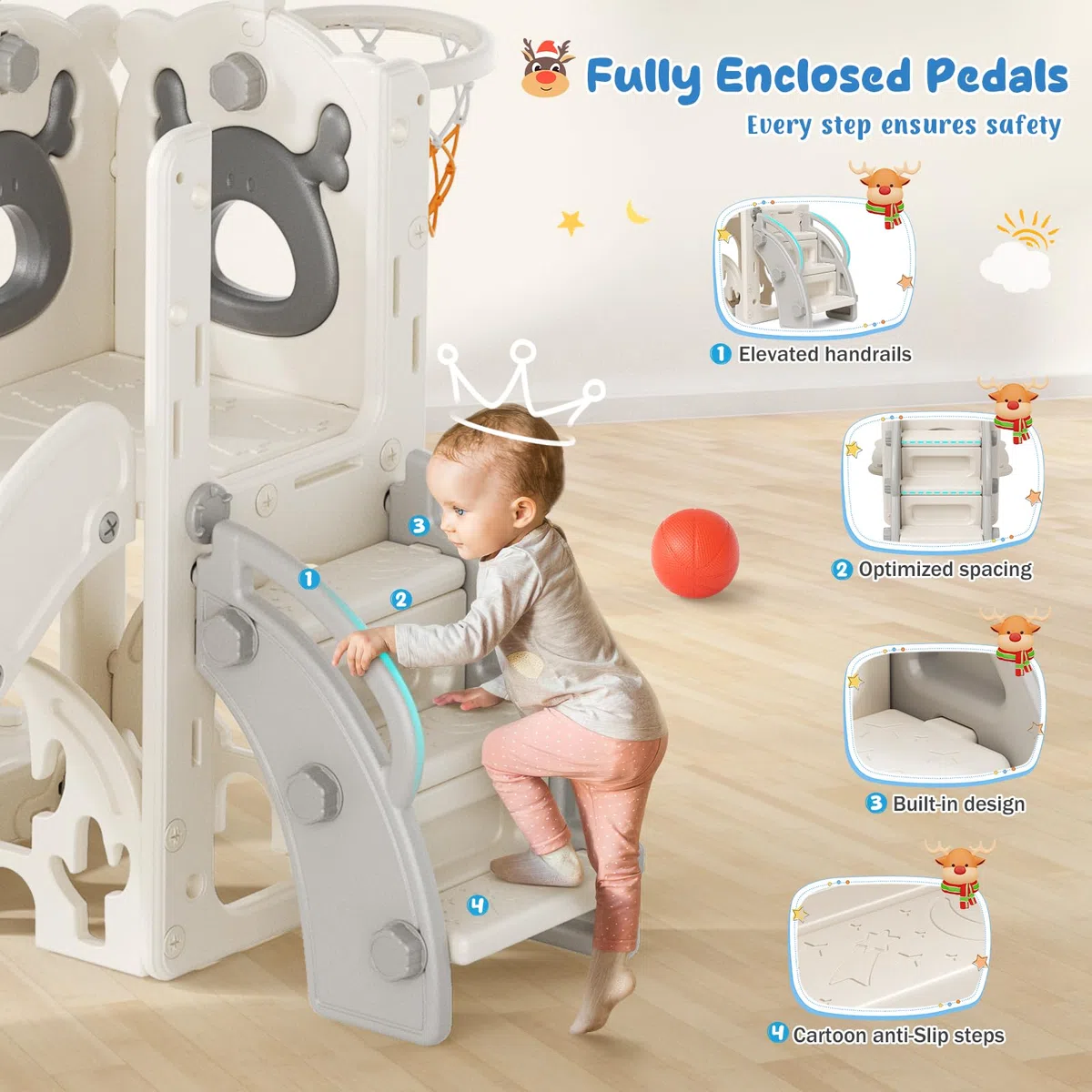 Schaukel Rutsche,6-in-1-Rutsche und Schaukel für Kleinkinder mit Basketballkorb,Klettergerüst,Teleskop,Aufbewahrung,stabile und langlebige große Rutschenschaukel für Kleinkinder(Beige/Grau)