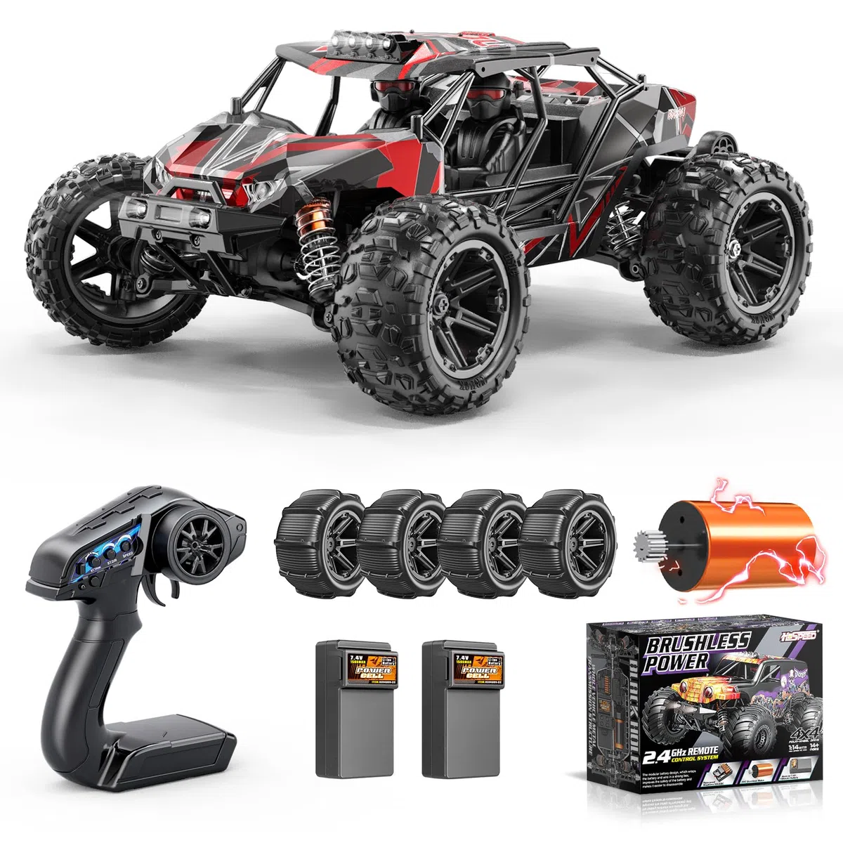 Ferngesteuertes Auto Erwachsene 1:14 Brushless RC Auto RC Car Truck 52 km/h | 4WD All-Terrain Offroad ölgefüllten Stoßdämpfern 2x 2S 1500mAh LiPo Akku, RTR mit 2 Reifensätzen, Aufrüstbar auf 3S 70 km/h