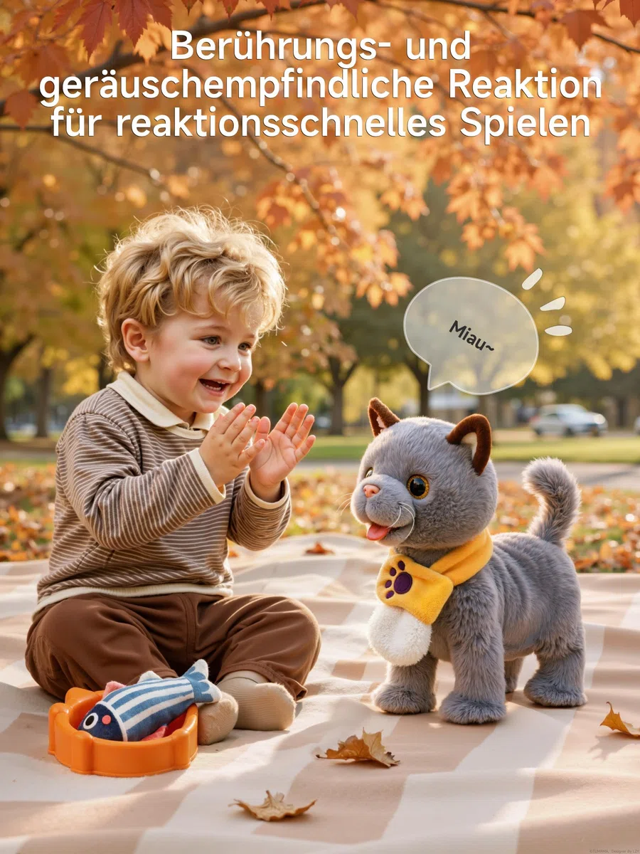 TUMAMA KIDS Interaktives Katze Spielzeug für Kinder Mit 6 Musik, Kuscheltier Kittens Mit Fernbedienung Leine Der Läuft Und Bellt, Plüschtier Elektronisches Kätzchen ab 2 - Gehen, Miaut, Schwanz Wedeln