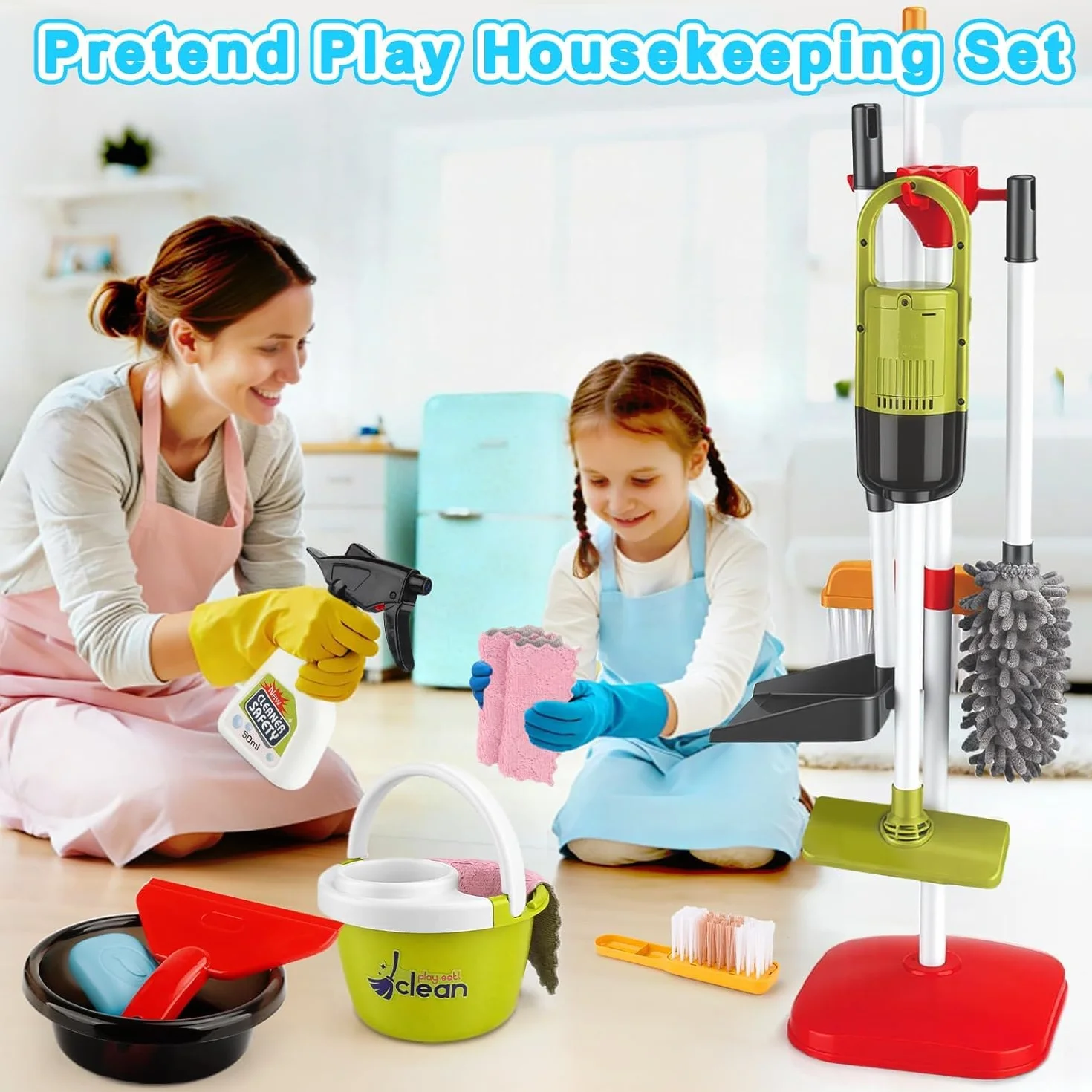 Kinderstaubsauger Mit Saug und Soundfunktion,14pcs Kinder Reinigung Set,Putzset für Kinder, Kinderbesen Set Spielzeug für ab 3 Jahren (grün)