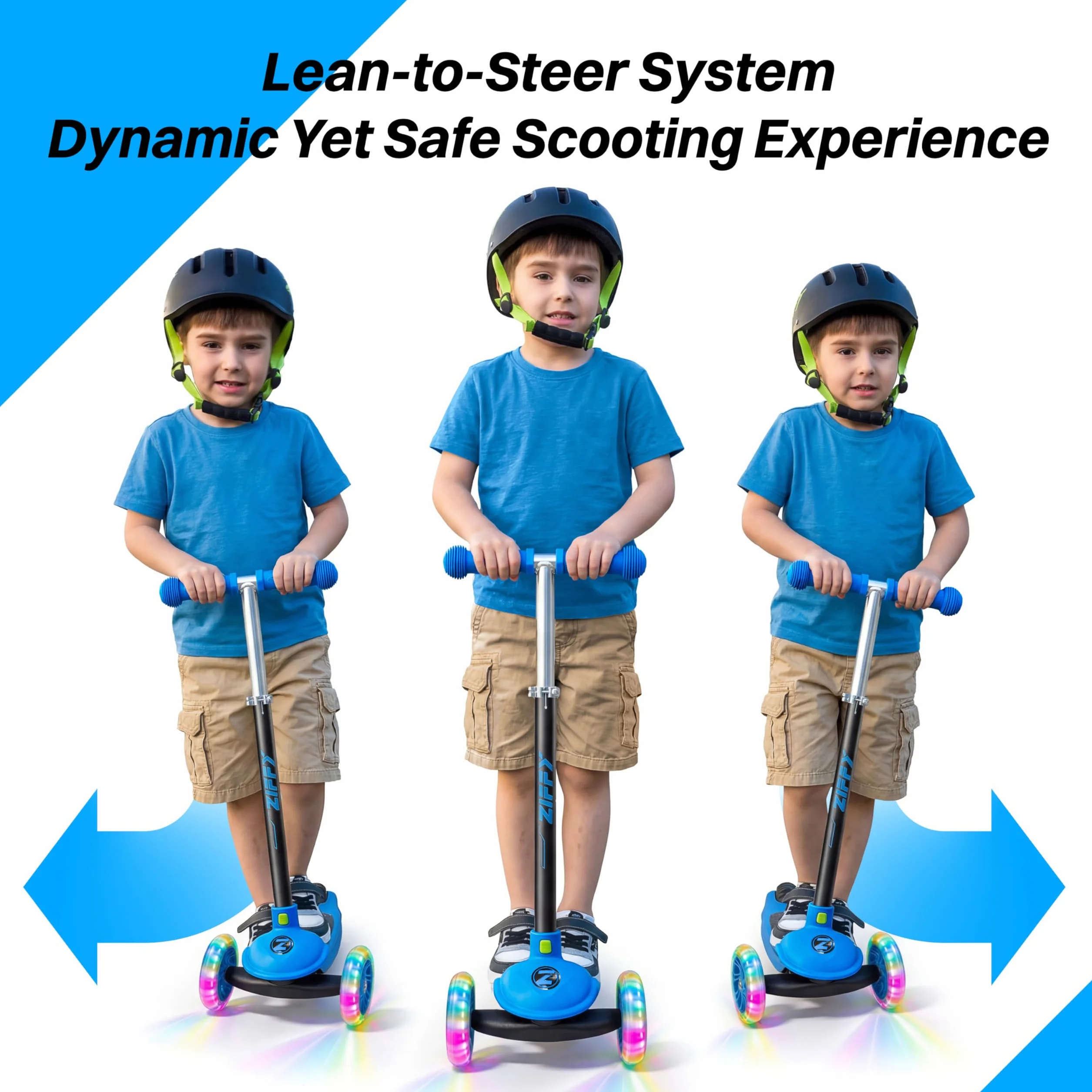 ZIFFY 3-Rad-Kinderroller 3–5 Jahre – Blau/Grün/Pink/Violett – LED-Leuchträder, Neigelenkung, Hinterradbremse – Höhenverstellbarer Lenker 44–61 cm – 1,8 kg, schnell zerlegbar