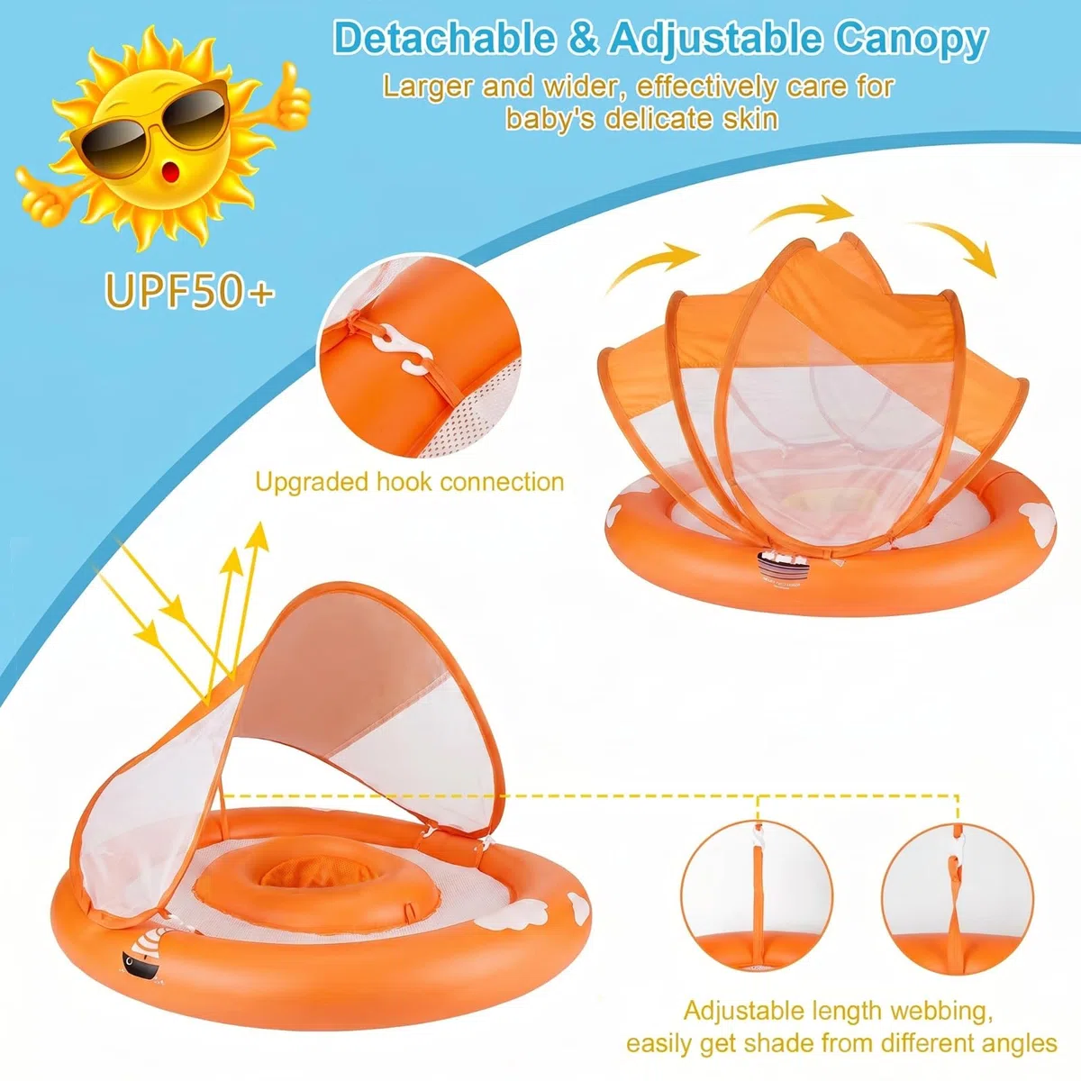MYCARBON Baby Schwimmring mit verstellbare Schwimmsitz UPF50+ Sonnendach Spielzeug für Kinder Schwimmhilfe Schwimmring Baby in Pool Badewanne Freibad Meer See von 6-30 Monaten