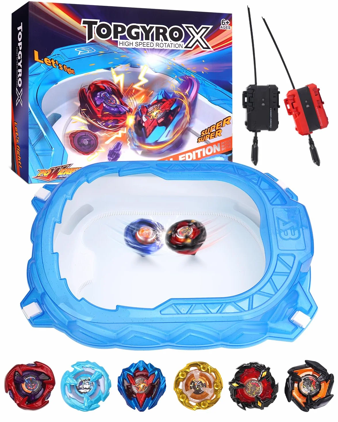 X-Arena Starter-Set – 6 Battle-Tops mit 2 Startern, Beschleunigungsbahn & Schutzdach, Geschenk für Jungen & Mädchen ab 6 J
