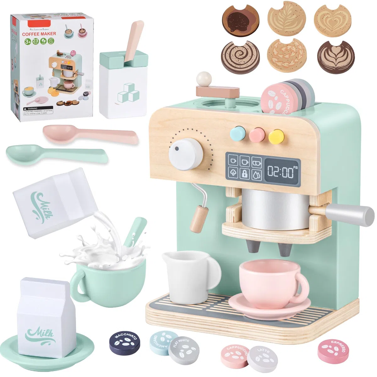 YOOHBERRYS Kaffeemaschine Kinder Holz, 22 Stück Kinderküche Kaffeemaschine, Espressomaschine Holzspielzeug mit Mühle, Spielküche Zubehör kaffeeservice Rollenspiele Geschenk für Kinder ab 3 Jahre