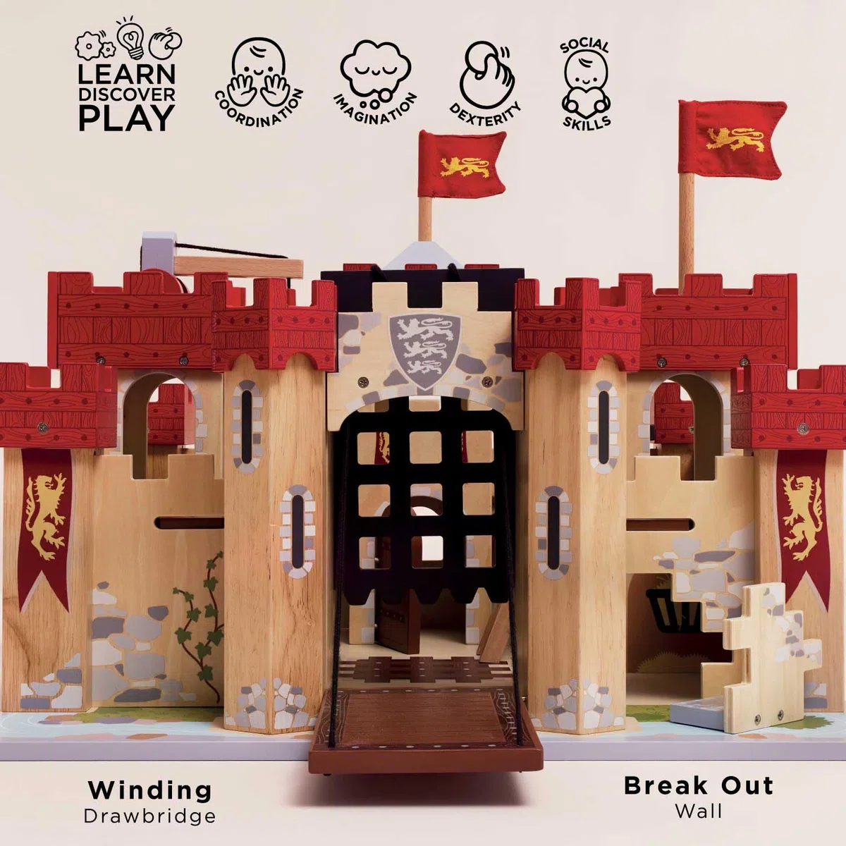 Le Toy Van – Pädagogisches Castles Collection Rollenspiel „Löwenherz“ aus Holz | Ritterburg Spielset aus Holz für Kinder Modellburg für Mädchen & Jungen