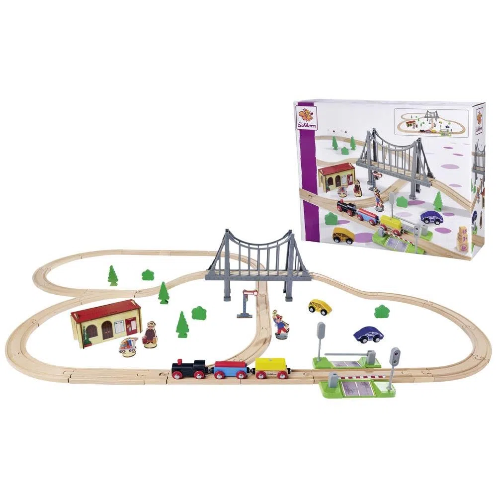 Eichhorn Schienenbahn 100006204 Bahnset mit Brücke, 55 teilig, 500 cm Strckenlänge, FSC zertifiziertes Buchenholz, verbaubar mit Anderen Schienenbahnsystemen, Mehrfarbig