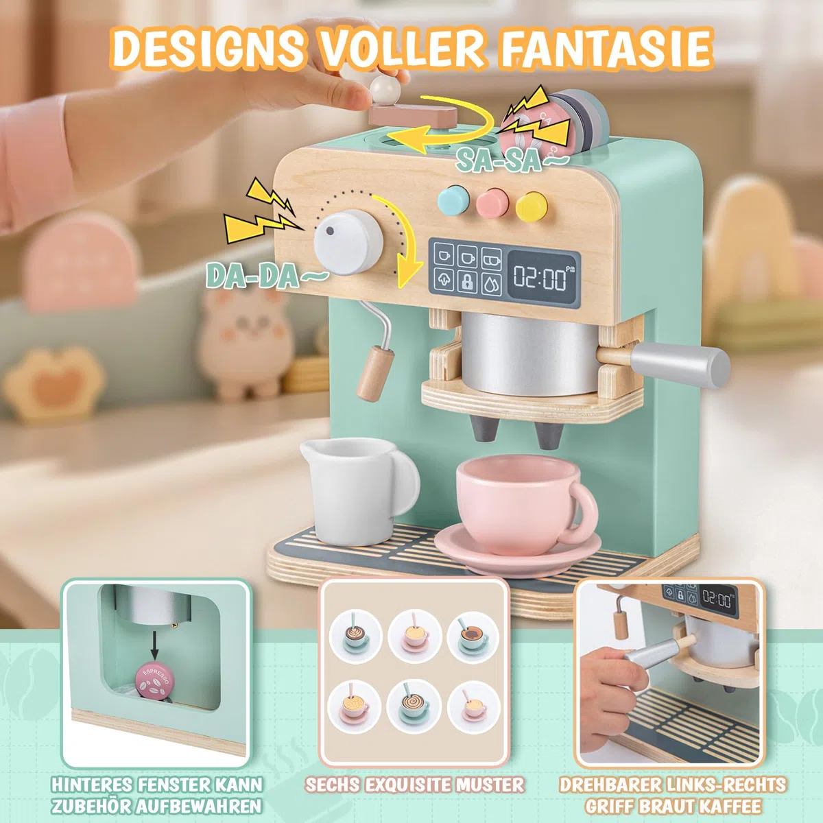 YOOHBERRYS Kaffeemaschine Kinder Holz, 22 Stück Kinderküche Kaffeemaschine, Espressomaschine Holzspielzeug mit Mühle, Spielküche Zubehör kaffeeservice Rollenspiele Geschenk für Kinder ab 3 Jahre