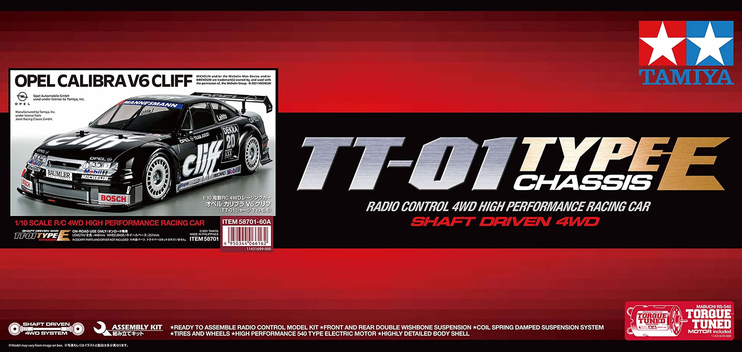 Tamiya 58701 1:10 RC Opel Calibra V6 Cliff (TT-01E) - ferngesteuertes Auto, RC Fahrzeug, Modellbau, Bausatz zum Zusammenbauen, Hobby, Basteln