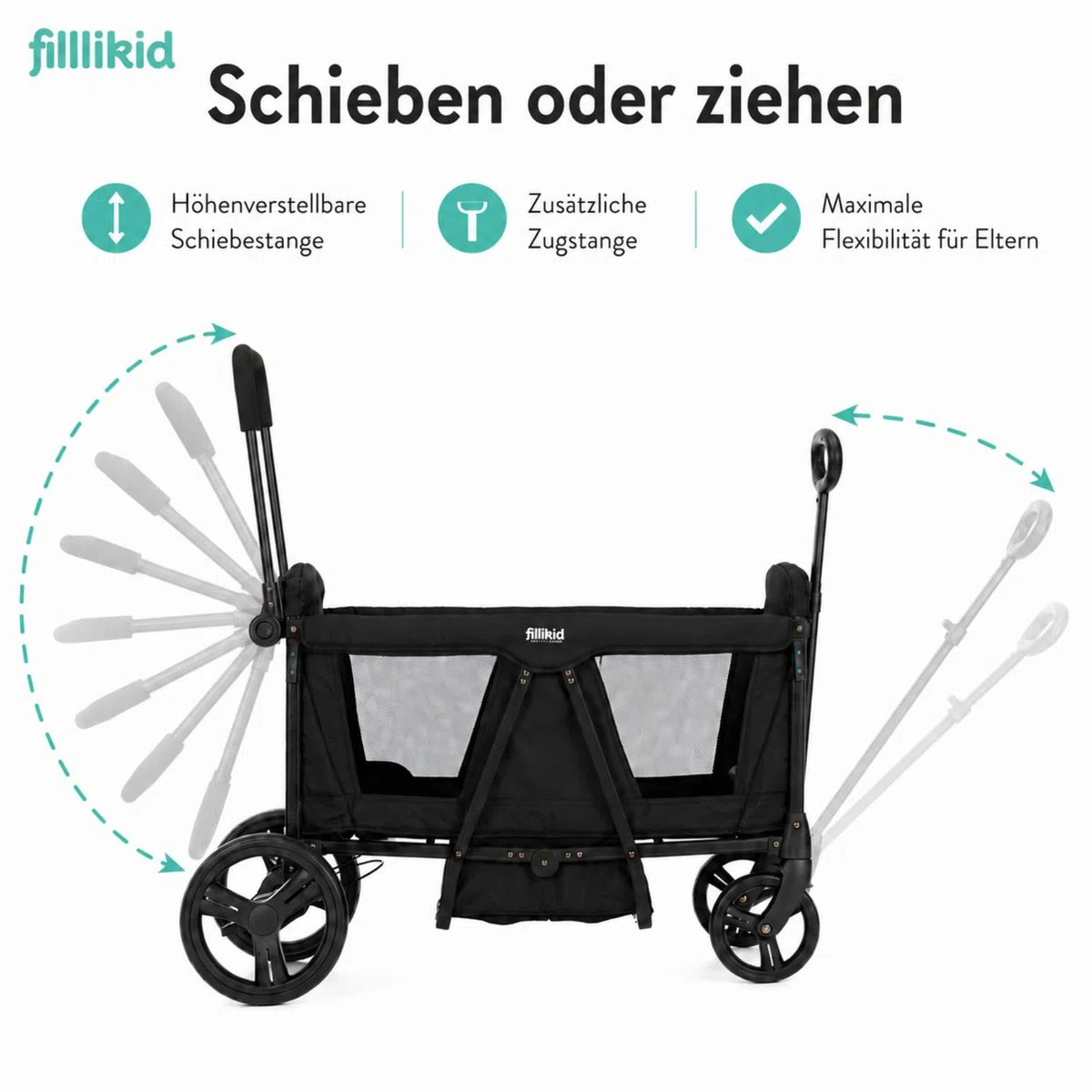 Fillikid Bollerwagen Oskar Exklusiv I Faltbarer Handwagen mit Dach, Schiebegriff I Transportwagen für Kinder & Gepäck, belastbar bis 88 kg I stabil & platzsparend klappbar I 2-Sitzer mit Gurtsystem