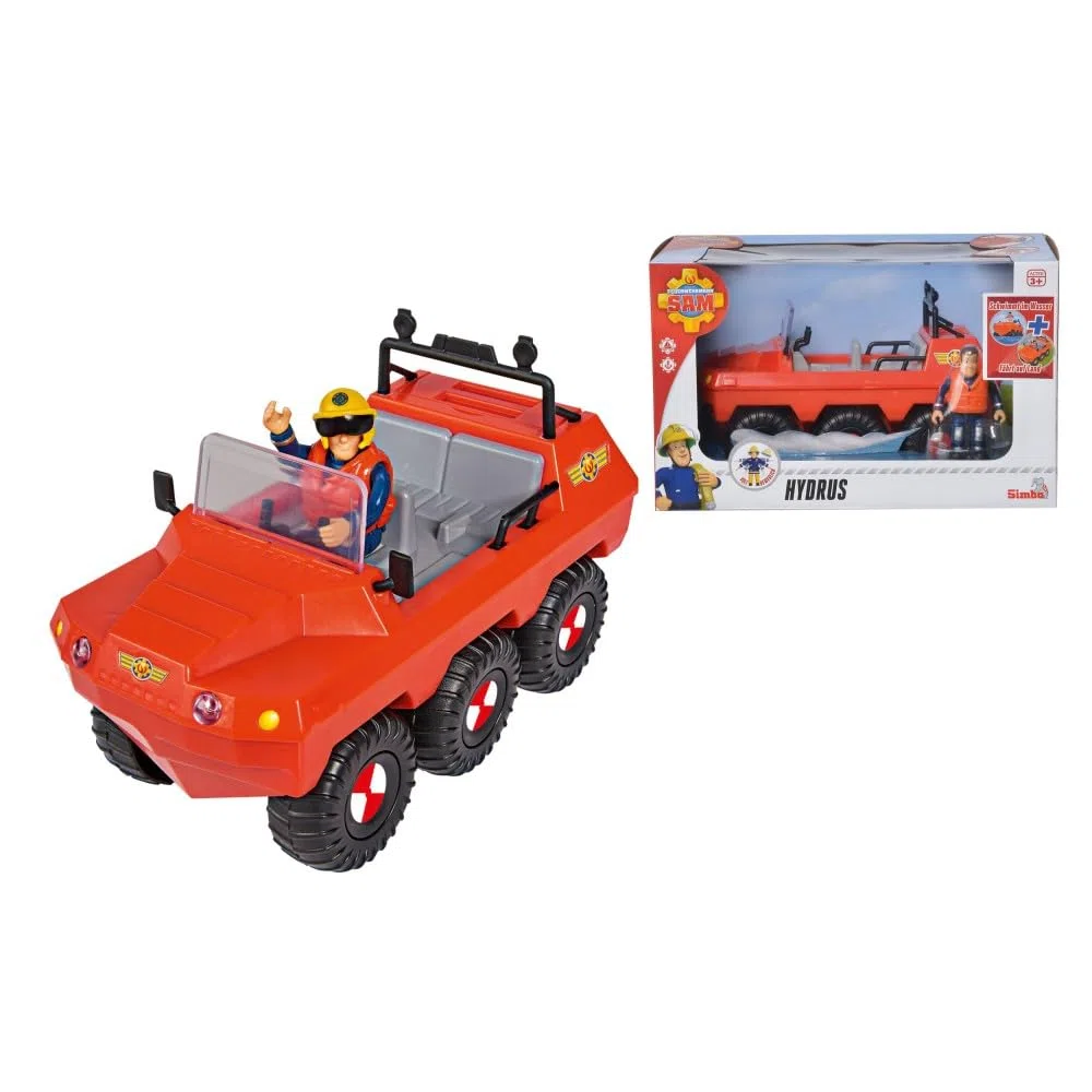 SIMBA 109251051038 Feuerwehrmann Sam Hydrus Mit Figur 20 cm Offizielles lizensiertes Feuerwehrfahrzeug fährt mit 6 Rädern, kann auf dem Wasser Schwimmen; Feuerwehrmann Spielen, Geschenk für Kinder ab