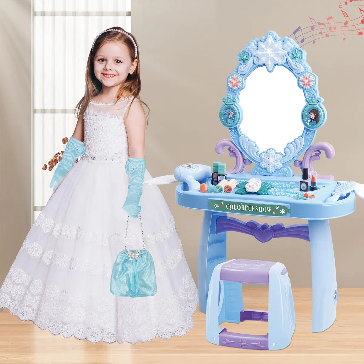 deAO Schminktisch Frisiertisch für Mädchen mit Hocker, Musik & Licht, Princess Schönheitsstudio Frisiersalon Kinderschminke Set, mit Styling-Zubehör Friseur Set für Kinder ab 3 Jahren | Blau