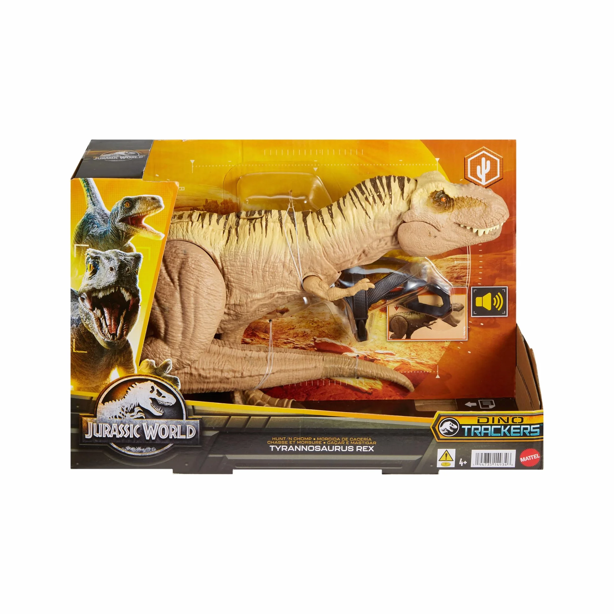 Mattel JURASSIC WORLD Jagen Und Zermalmen Tyrannosaurus-Rex - Dinosaurier Spielzeugfigur mit Geräuschen, Tracking-Ausrüstung für digitale Spiele, einzigartiger Wüstenlook, für Fans ab 4 Jahren, HNT62