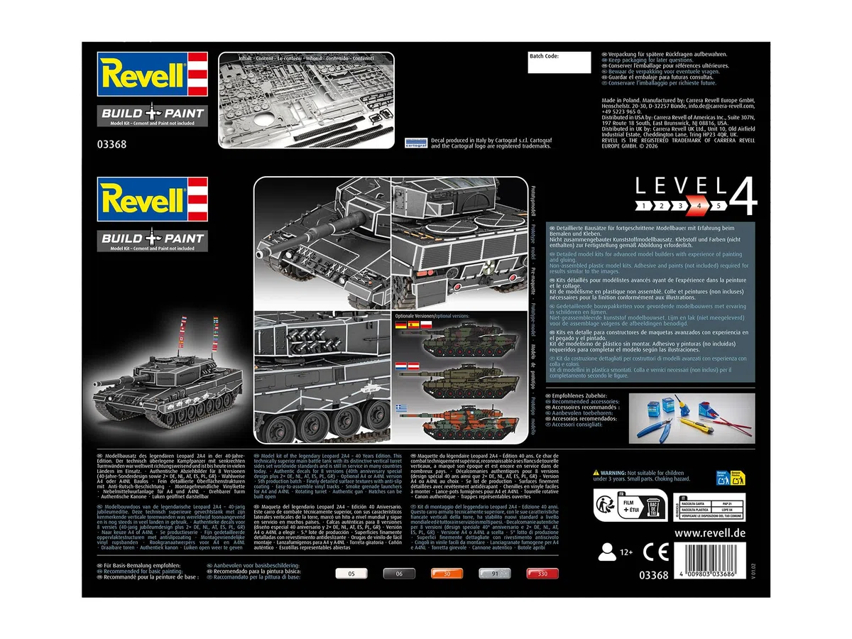Revell Leopard 2A4 Special Decoration 40th Anniversary | Bundeswehr Panzer Modellbausatz 1:35 mit 212 Teilen | Leopard 2A4 mit Jubiläumsdecal | Level 4 ab 12 Jahren