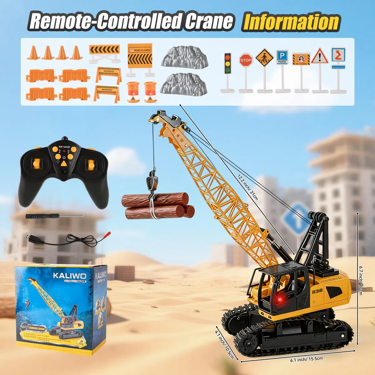 Kran Spielzeug, 2.4Ghz RC Kranfahrzeug, Ausfahrbarem Kran, Baustellen Fahrzeuge Set mit Lichtern,Geräuschen, KranFerngesteuerter Spielzeugkran, Kinder Baustellenfahrzeuge für 3 4 5 6 7 Jahre